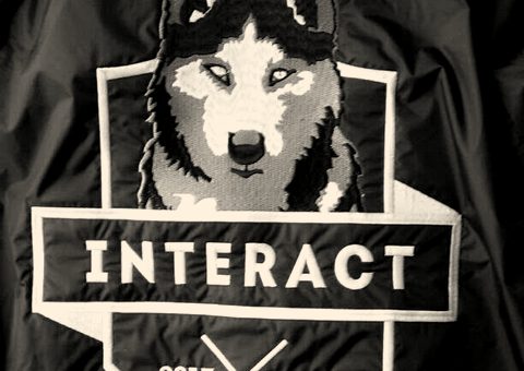 A jacket back with a large embroidered wolf design