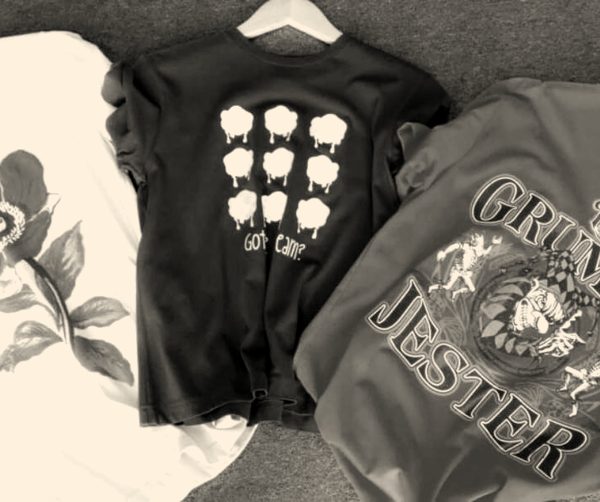 Three printed t-shirts made in the shop