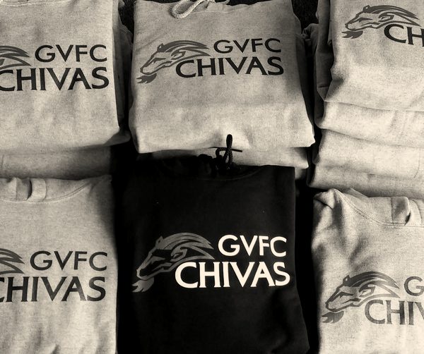 Youth soccer club sweatshirts printed with the club's name and crest