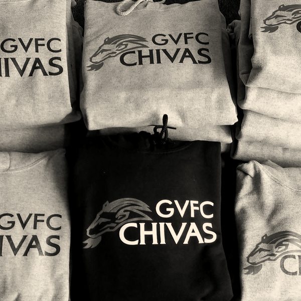 Six grey and black sweatshirts printed with a youth soccer club's name and mark